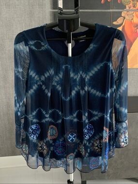 Desigual Navy Tie-Dye Sheer Long Sleeve Top L